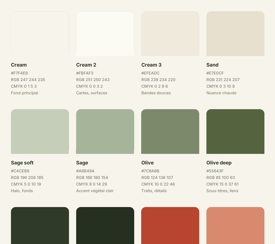 Extrait d'une charte graphique livrée : planche de couleurs avec valeurs HEX, RGB et CMYK